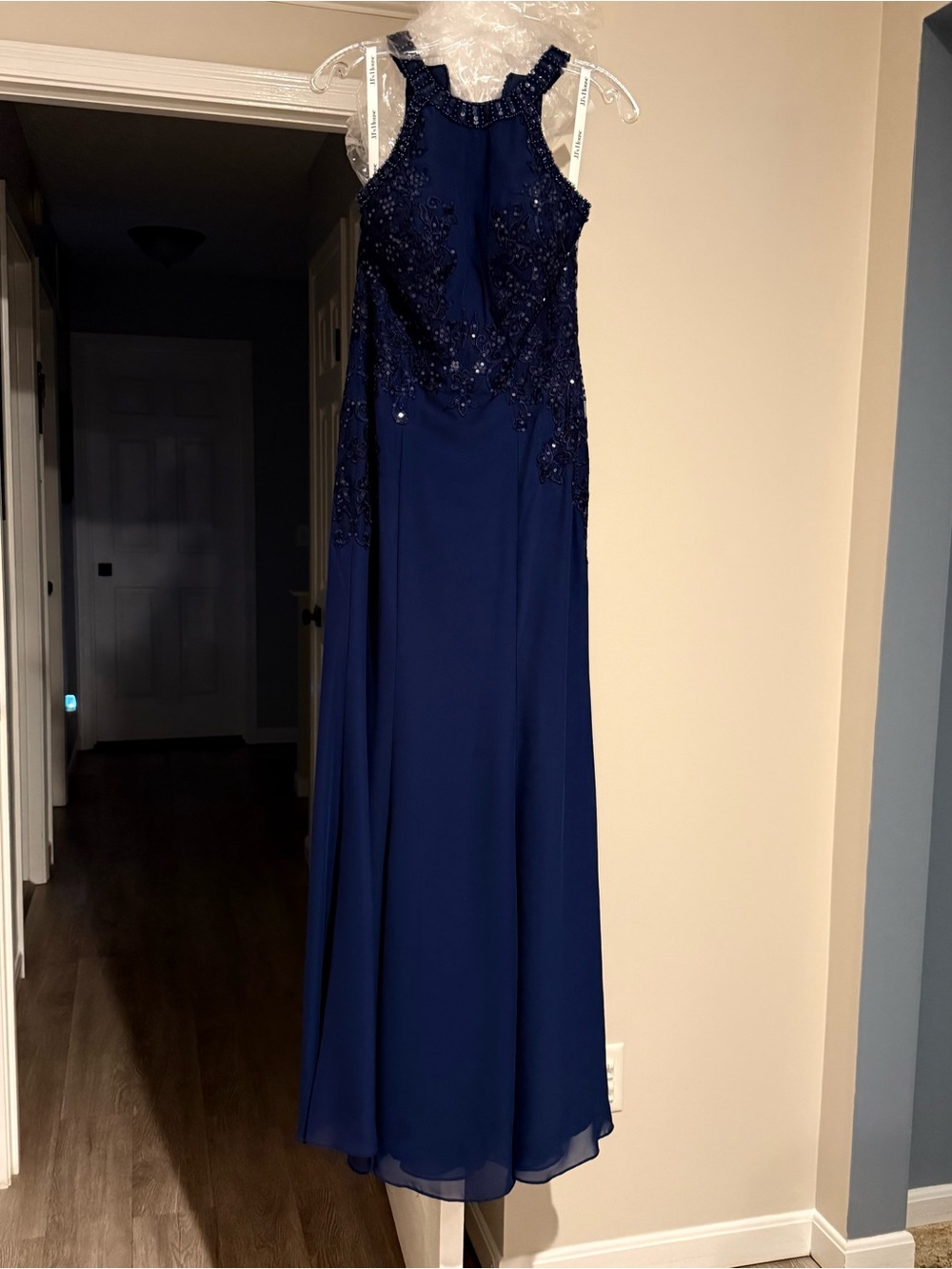 JJs House Navy Blue Beaded Halter Maxi Dress